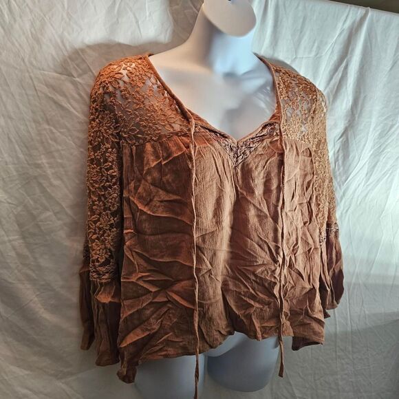 2000s tan brown lace bell sleeve blouse - Picture 3 of 7